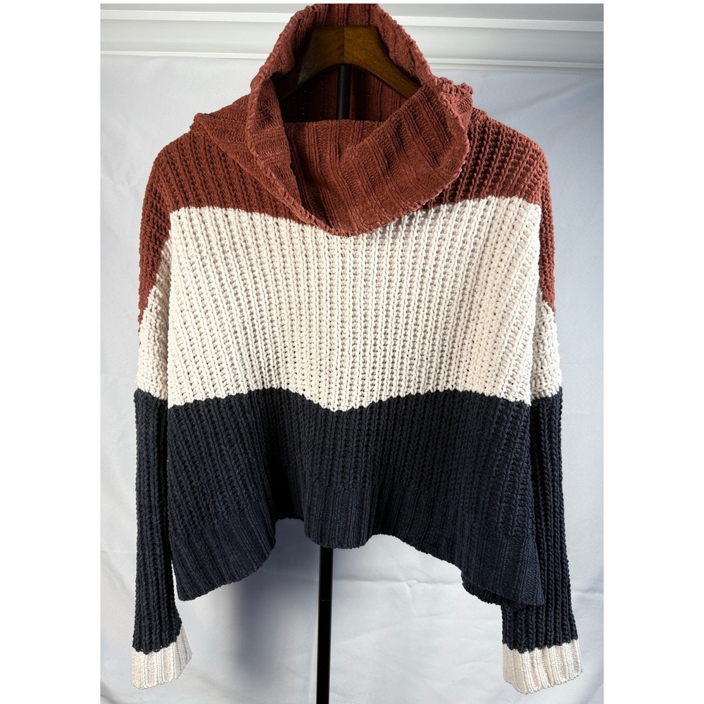 POL M Brown Cream Gray Chenille Funnel Neck Sweater Boho Western Cowgirl Fall